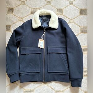 NWT A.P.C. Bronze Shearling Collar Jacket in Navy